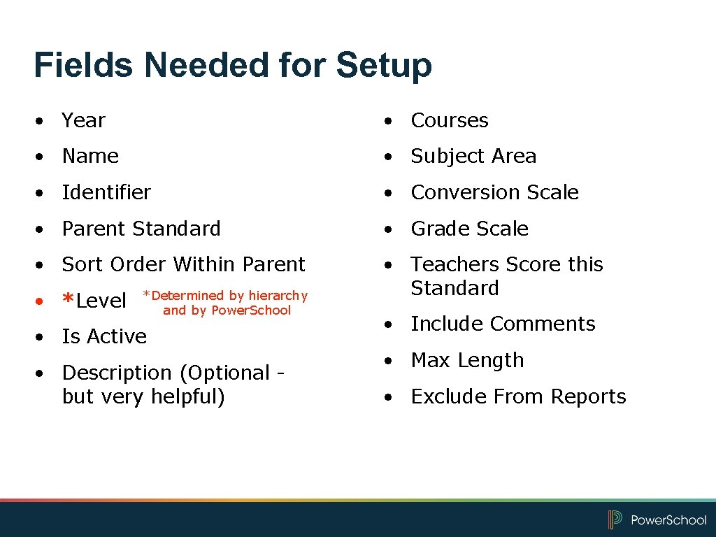Fields Needed for Setup • Year • Courses • Name • Subject Area •
