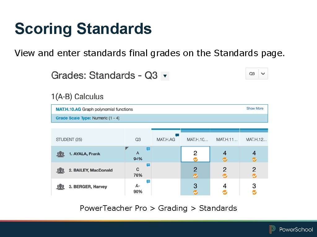 Scoring Standards View and enter standards final grades on the Standards page. Power. Teacher