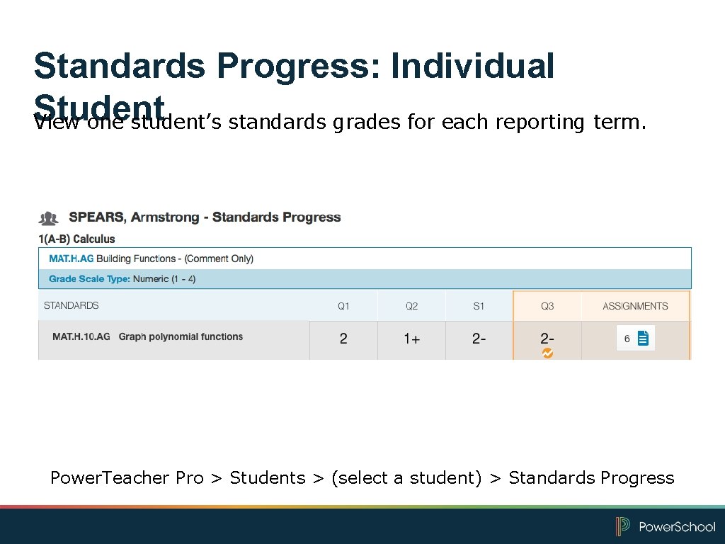 Standards Progress: Individual Student View one student’s standards grades for each reporting term. Power.
