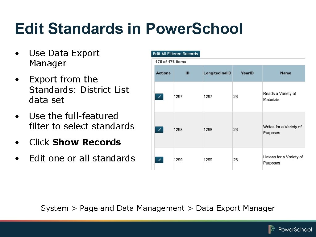Edit Standards in Power. School • Use Data Export Manager • Export from the