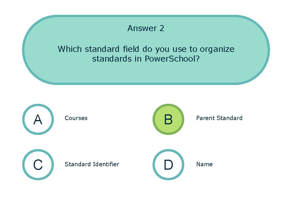 Answer 2 Which standard field do you use to organize standards in Power. School?