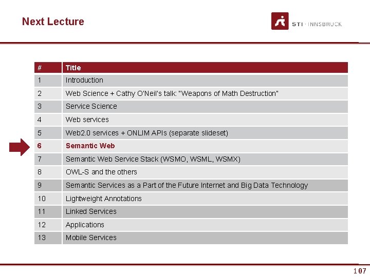 Next Lecture # Title 1 Introduction 2 Web Science + Cathy O’Neil’s talk: “Weapons