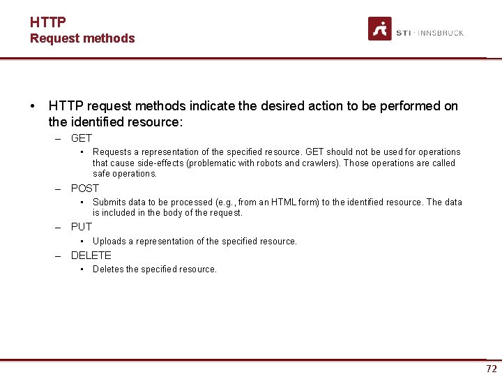 HTTP Request methods • HTTP request methods indicate the desired action to be performed