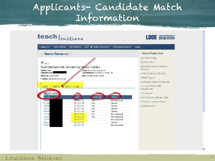 Applicants- Candidate Match Information Louisiana Believes 21 