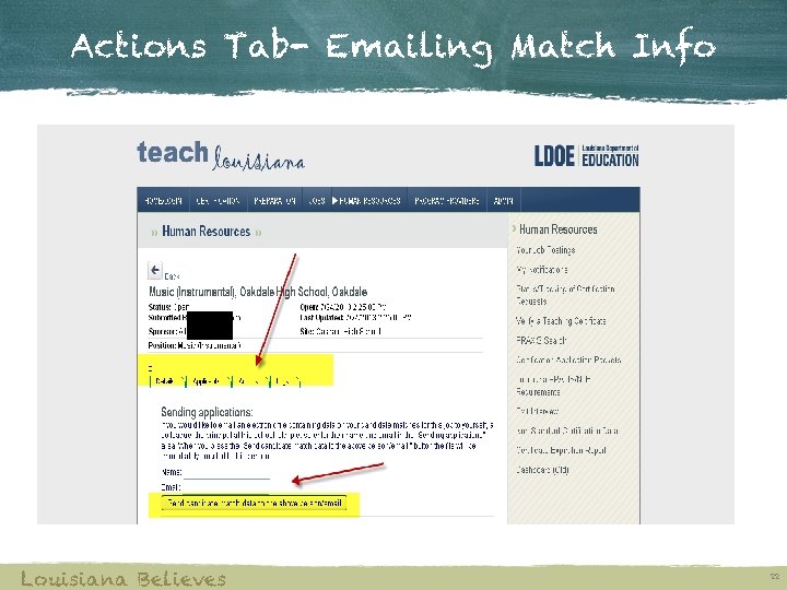 Actions Tab- Emailing Match Info Louisiana Believes 22 