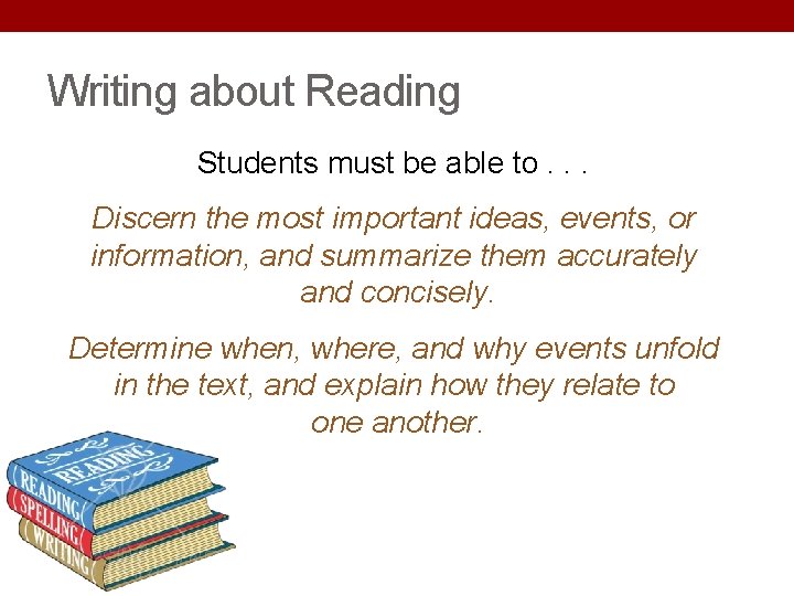 Writing about Reading Students must be able to. . . Discern the most important