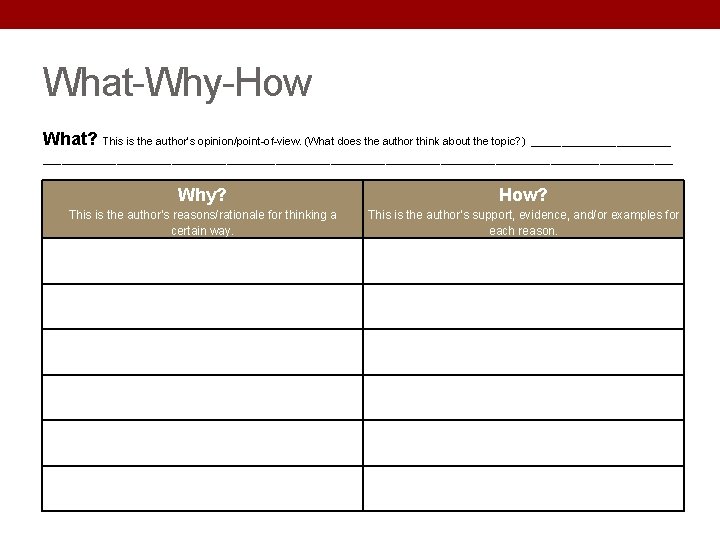 What-Why-How What? This is the author’s opinion/point-of-view. (What does the author think about the