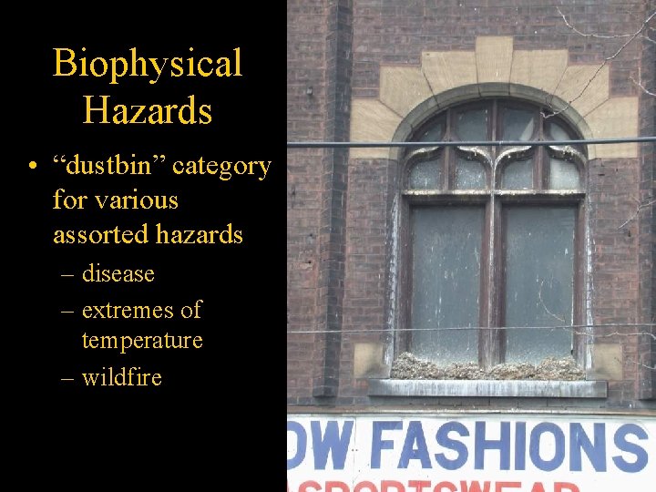 Biophysical Hazards • “dustbin” category for various assorted hazards – disease – extremes of