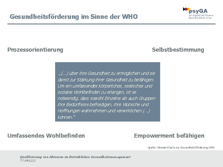 Gesundheitsförderung im Sinne der WHO Prozessorientierung Selbstbestimmung „(. . . ) über ihre Gesundheit