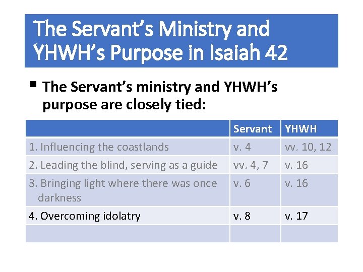 The Servant’s Ministry and YHWH’s Purpose in Isaiah 42 § The Servant’s ministry and