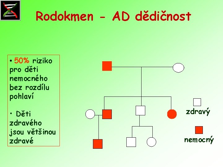 Rodokmen - AD dědičnost • 50% riziko pro děti nemocného bez rozdílu pohlaví •