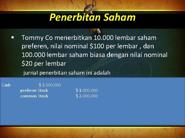 Penerbitan Saham § Tommy Co menerbitkan 10. 000 lembar saham preferen, nilai nominal $100