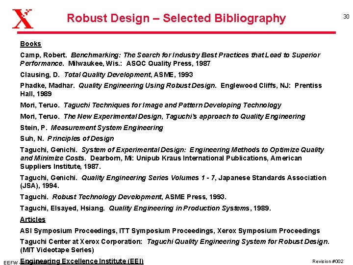 Robust Design – Selected Bibliography 30 Books Camp, Robert. Benchmarking: The Search for Industry