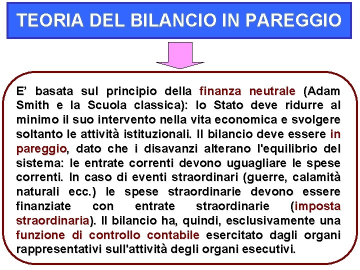 TEORIA DEL BILANCIO IN PAREGGIO E’ basata sul principio della finanza neutrale (Adam Smith