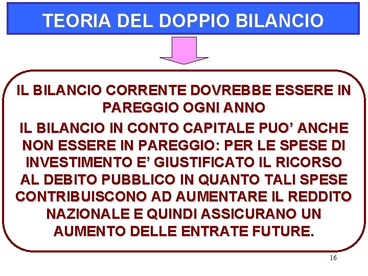 TEORIA DEL DOPPIO BILANCIO IL BILANCIO CORRENTE DOVREBBE ESSERE IN PAREGGIO OGNI ANNO IL