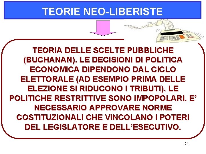 TEORIE NEO-LIBERISTE TEORIA DELLE SCELTE PUBBLICHE (BUCHANAN). LE DECISIONI DI POLITICA ECONOMICA DIPENDONO DAL