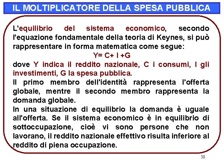 IL MOLTIPLICATORE DELLA SPESA PUBBLICA L'equilibrio del sistema economico, secondo l'equazione fondamentale della teoria IL MOLTIPLICATORE DELLA SPESA PUBBLICA L'equilibrio del sistema economico, secondo l'equazione fondamentale della teoria