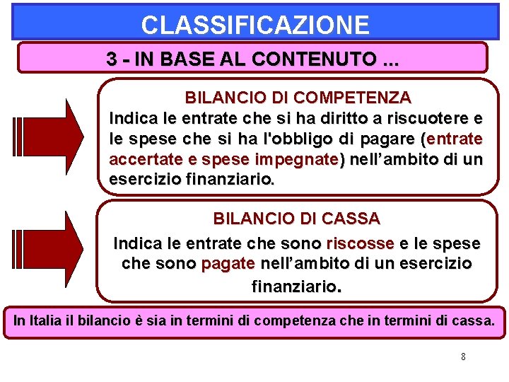 CLASSIFICAZIONE 3 - IN BASE AL CONTENUTO. . . BILANCIO DI COMPETENZA Indica le