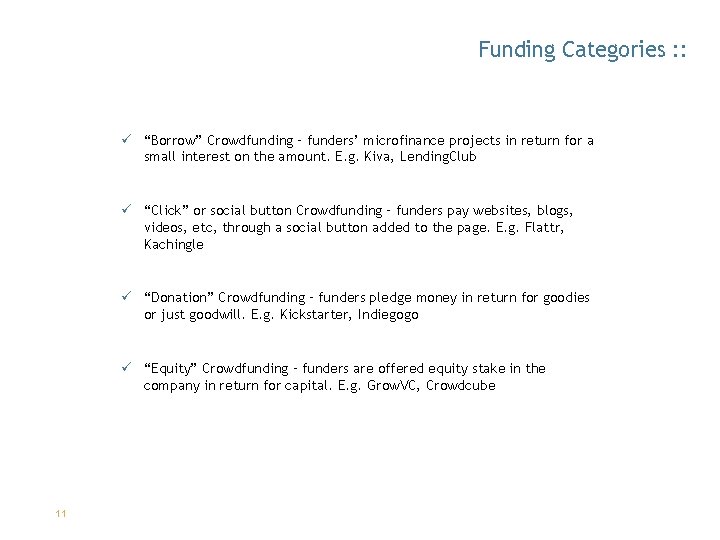 Funding Categories : : ü “Borrow” Crowdfunding – funders’ microfinance projects in return for