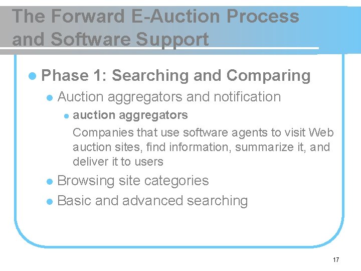 The Forward E-Auction Process and Software Support l Phase l 1: Searching and Comparing