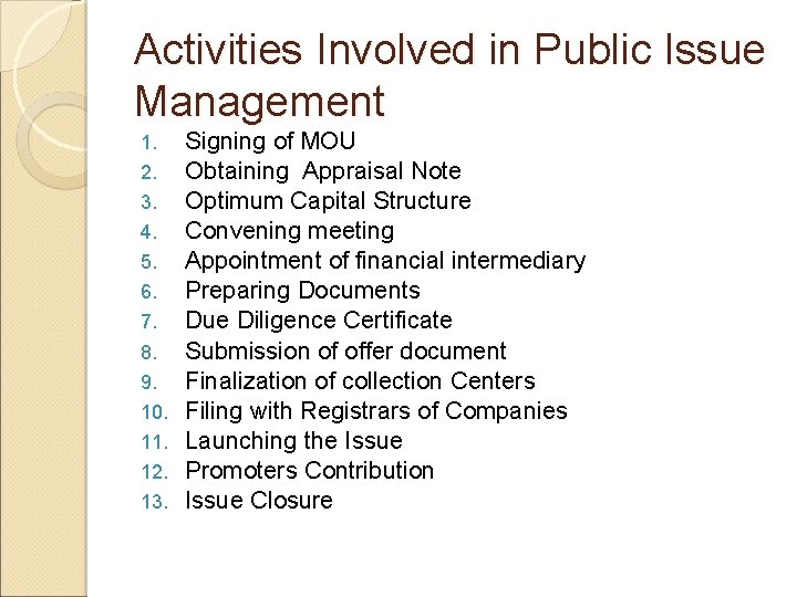 Activities Involved in Public Issue Management 1. 2. 3. 4. 5. 6. 7. 8.