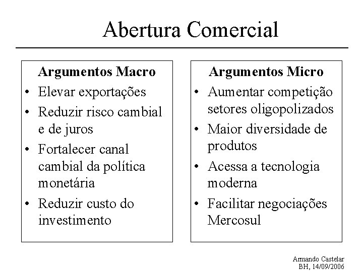 Abertura Comercial • • Argumentos Macro Elevar exportações Reduzir risco cambial e de juros