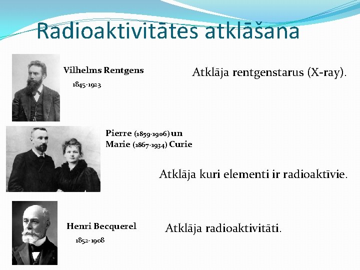 Radioaktivitātes atklāšana Atklāja rentgenstarus (X-ray). Vilhelms Rentgens 1845 -1923 Pierre (1859 -1906) un Marie