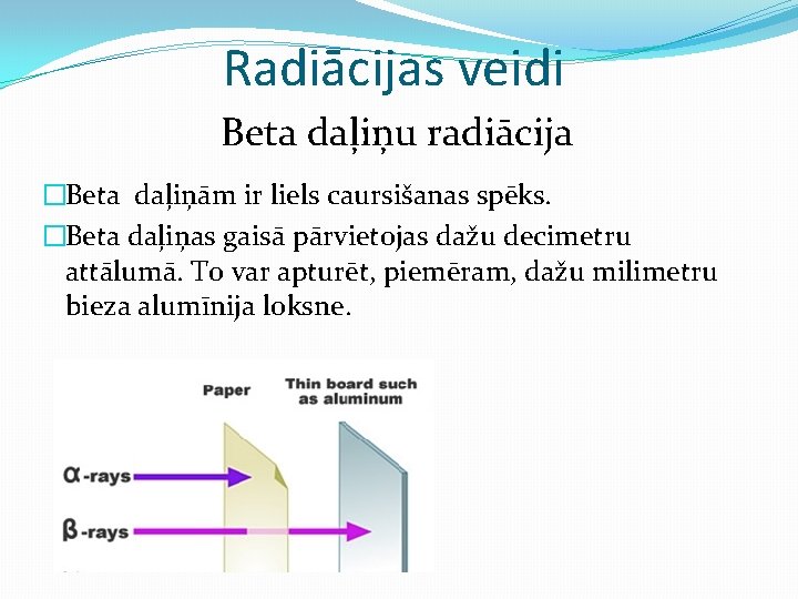 Radiācijas veidi Beta daļiņu radiācija �Beta daļiņām ir liels caursišanas spēks. �Beta daļiņas gaisā