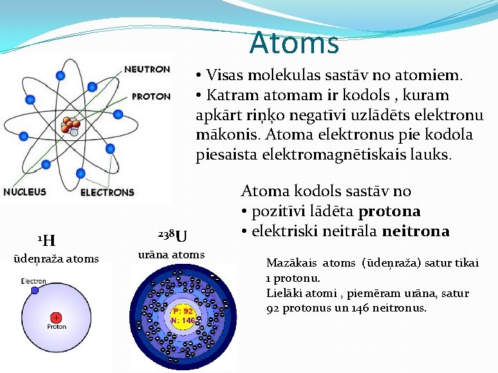 Atoms • Visas molekulas sastāv no atomiem. • Katram atomam ir kodols , kuram