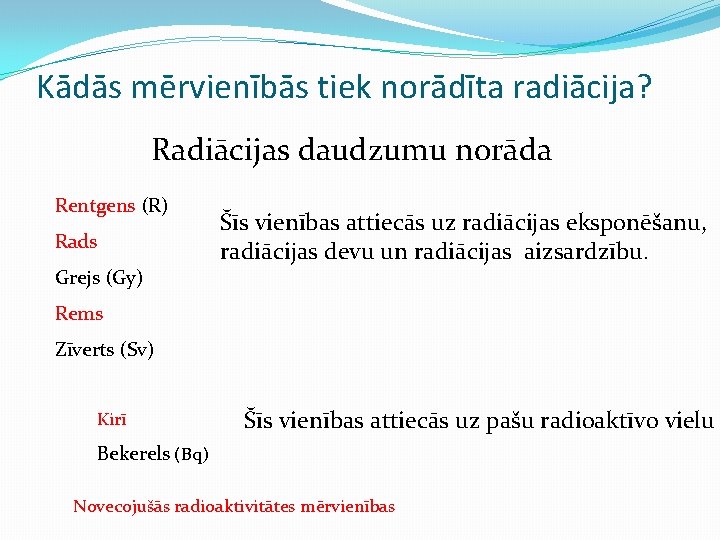 Kādās mērvienībās tiek norādīta radiācija? Radiācijas daudzumu norāda Rentgens (R) Rads Grejs (Gy) Šīs