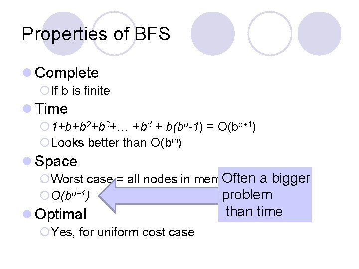 Properties of BFS l Complete ¡If b is finite l Time ¡ 1+b+b 2+b