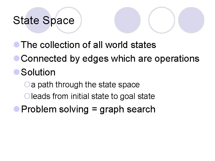 State Space l The collection of all world states l Connected by edges which