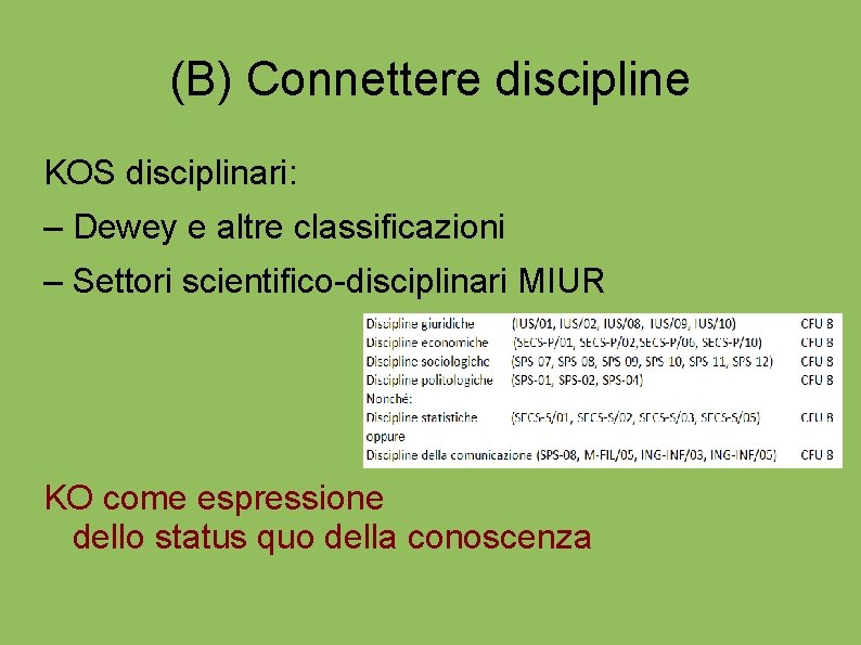 (B) Connettere discipline KOS disciplinari: – Dewey e altre classificazioni – Settori scientifico-disciplinari MIUR