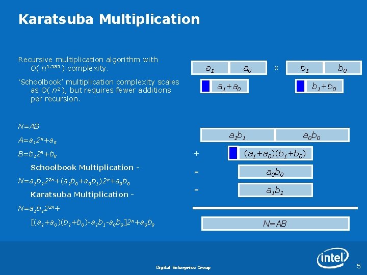 Karatsuba Multiplication Recursive multiplication algorithm with O( n 1. 585 ) complexity. a 1