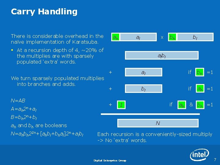 Carry Handling There is considerable overhead in the naïve implementation of Karatsuba. • ah