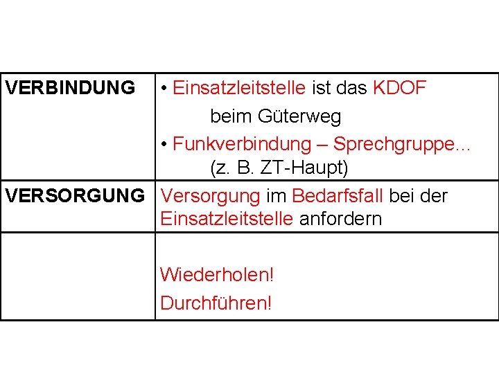  • Einsatzleitstelle ist das KDOF beim Güterweg • Funkverbindung – Sprechgruppe… (z. B.