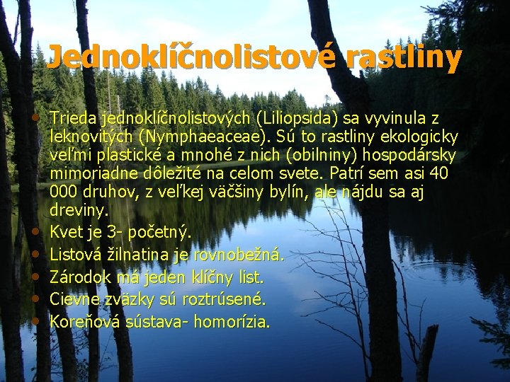 Jednoklíčnolistové rastliny • Trieda jednoklíčnolistových (Liliopsida) sa vyvinula z • • • leknovitých (Nymphaeaceae).