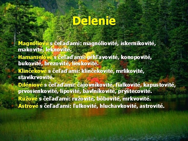 Delenie • Magnóliové s čeľaďami: magnóliovité, iskernikovité, • • • makovité, leknovité. Hamamelové s