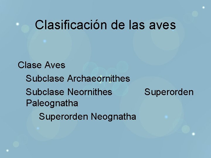 Clasificación de las aves Clase Aves Subclase Archaeornithes Subclase Neornithes Superorden Paleognatha Superorden Neognatha