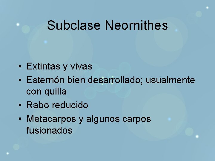 Subclase Neornithes • Extintas y vivas • Esternón bien desarrollado; usualmente con quilla •