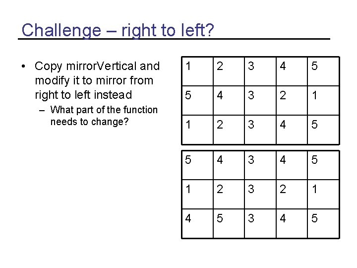 Challenge – right to left? • Copy mirror. Vertical and modify it to mirror