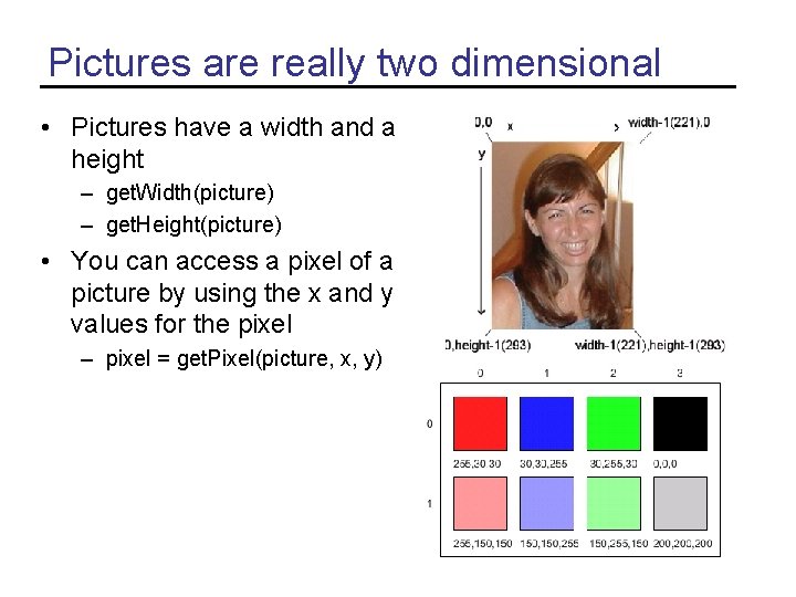 Pictures are really two dimensional • Pictures have a width and a height –