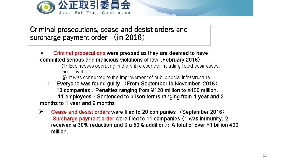 Criminal prosecutions, cease and desist orders and surcharge payment order （in 2016） Ø　　 Criminal