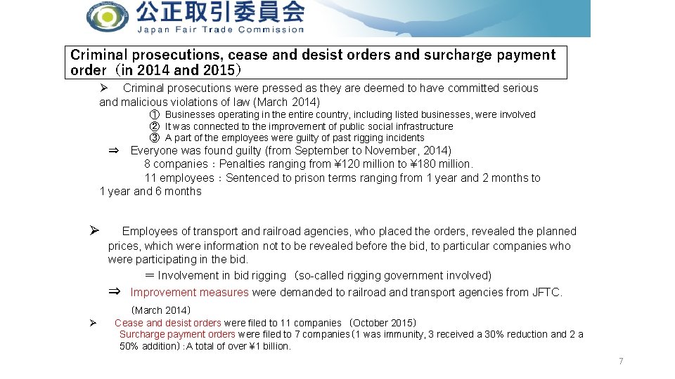 Criminal prosecutions, cease and desist orders and surcharge payment order（in 2014 and 2015） Ø　　Criminal