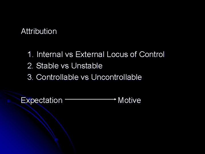 Attribution 1. Internal vs External Locus of Control 2. Stable vs Unstable 3. Controllable