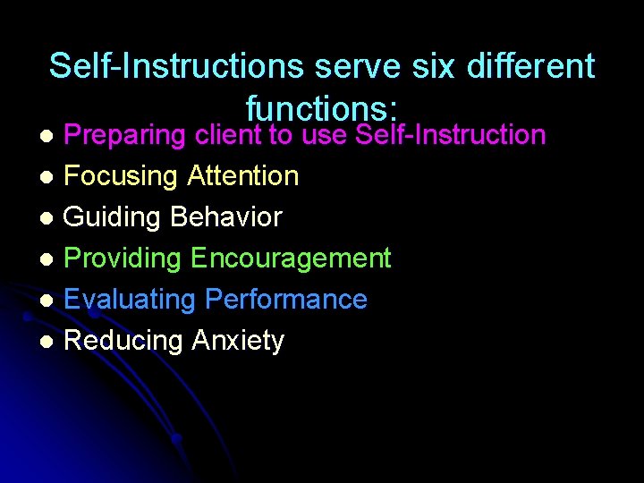 Self-Instructions serve six different functions: Preparing client to use Self-Instruction l Focusing Attention l