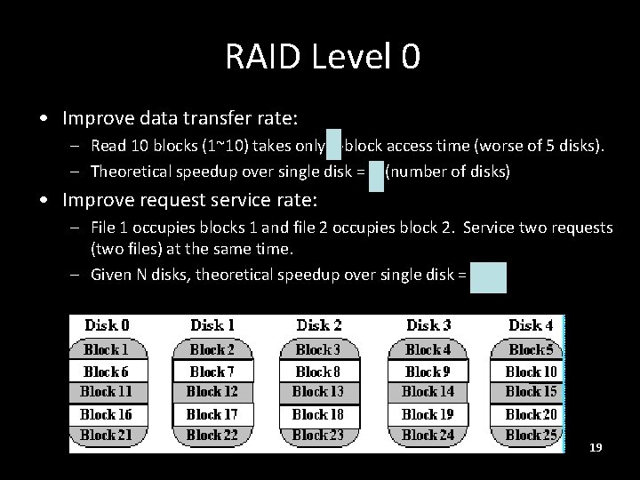 RAID Level 0 • Improve data transfer rate: – Read 10 blocks (1~10) takes