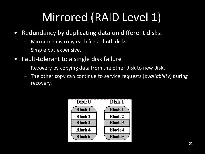 Mirrored (RAID Level 1) • Redundancy by duplicating data on different disks: – Mirror