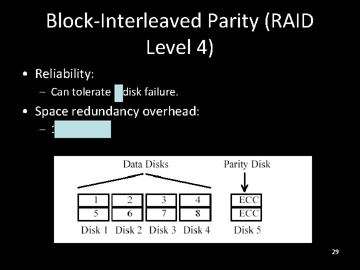 Block-Interleaved Parity (RAID Level 4) • Reliability: – Can tolerate 1 disk failure. •