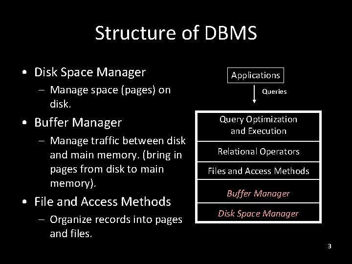 Structure of DBMS • Disk Space Manager – Manage space (pages) on disk. •